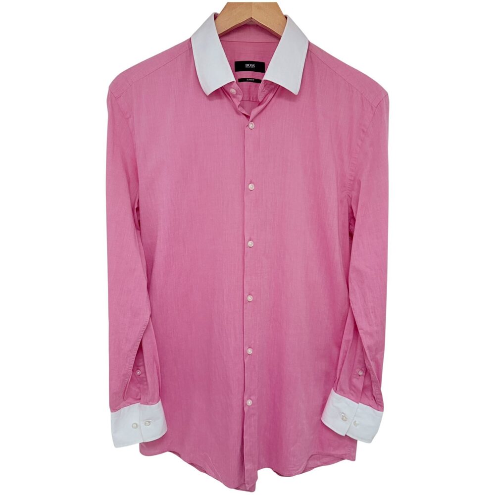 BOSS Jonnes Slim Fit Dress Shirt Men's 15.5 EU39 Pink Contrast Collar